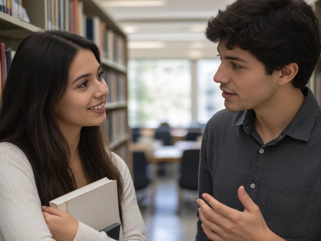Conversa em pé entre as estantes da escola, com folhas de anotação na mão de quem discute