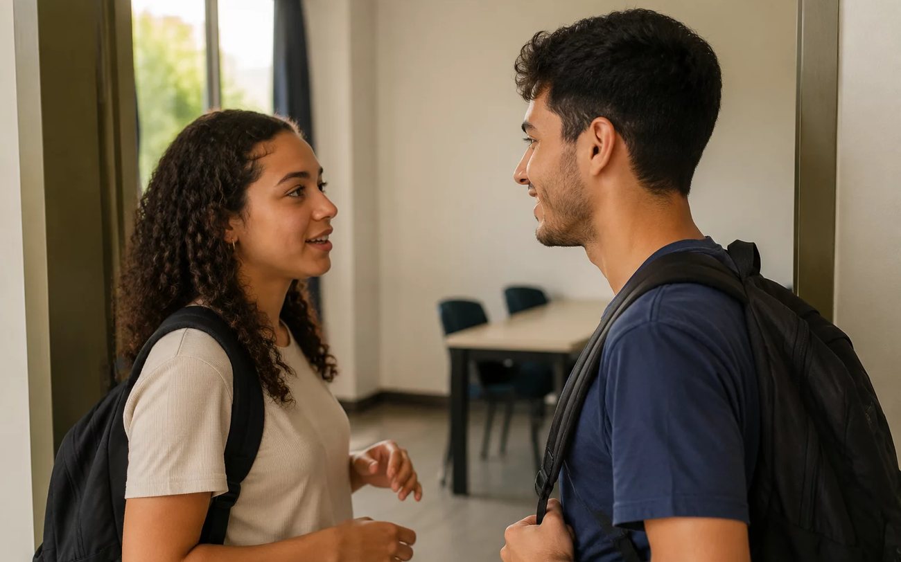 Grupo pequeno lendo folhas de argumentos em volta de uma mesa comprida